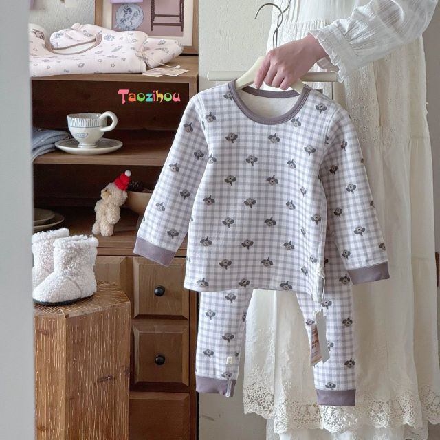 13796754.580g羊毛蚕丝 儿童家居服秋衣秋裤加厚过冬双层满花儿童保暖套装5255