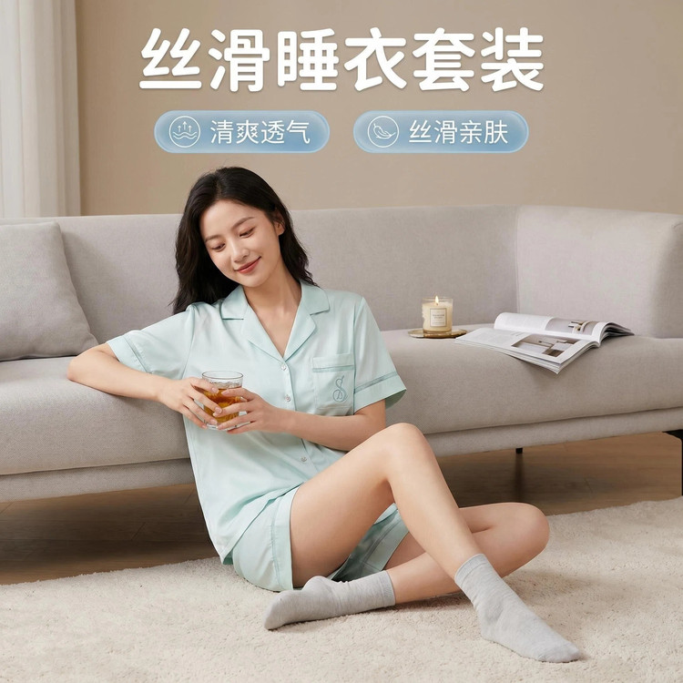 13679565.【专柜同款】简约舒适居家睡衣女士夏季薄款短袖短裤可外穿家居服套装