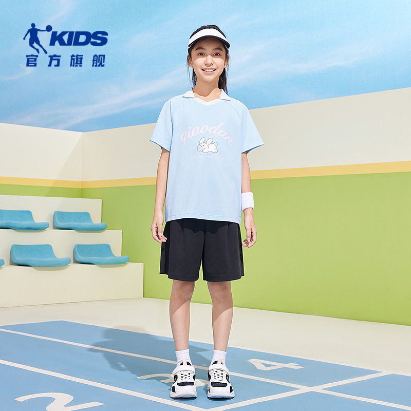 13787857.女童运动套装夏季新款童装儿童翻领宽松T恤短裤组合