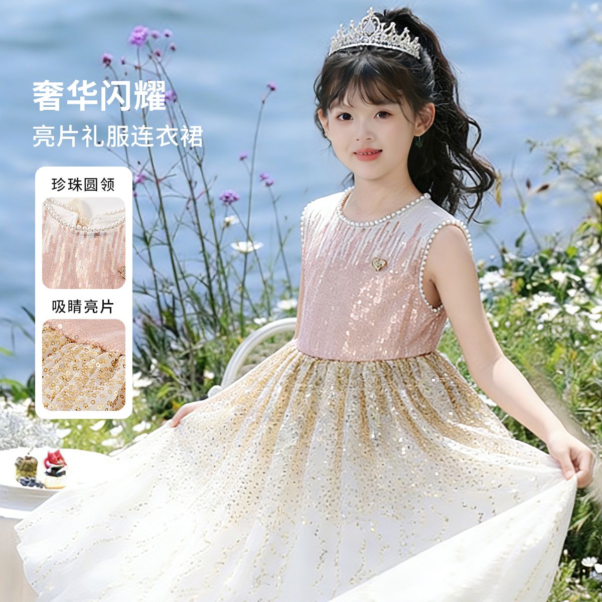 13641786.Disney/迪士尼女童夏季连衣裙时尚香槟亮片潮流洋气公主裙
