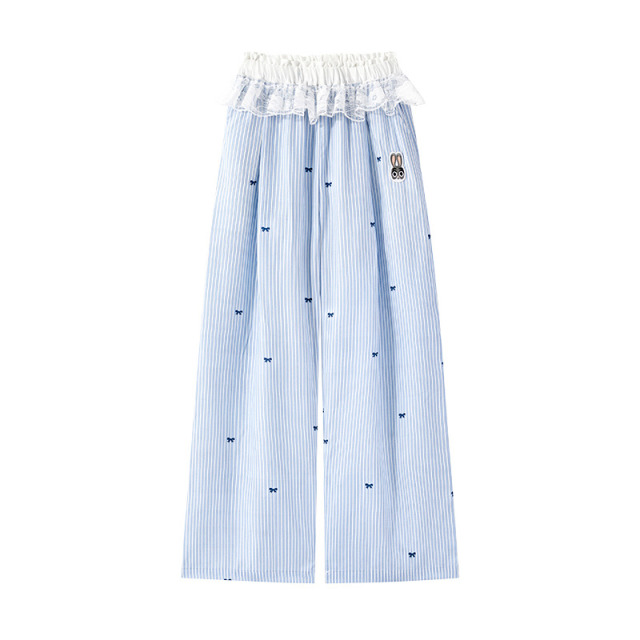 13672542.迪士尼女童夏季甜美轻薄蝴蝶结童趣刺绣蕾丝花边条纹裤休闲裤