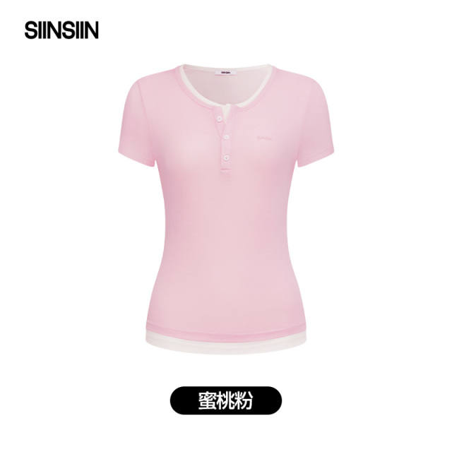 13730575.SIINSIIN轻透亨利领短袖T恤2026新款夏正肩修身撞色假两件百搭女上衣