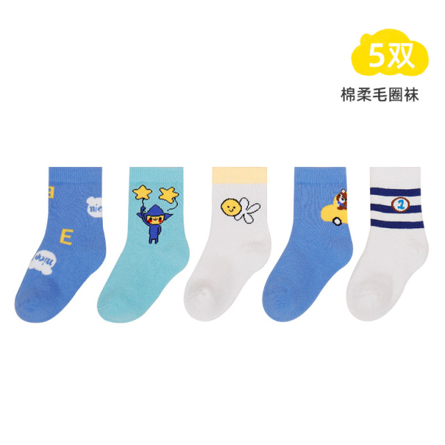 13852574.儿童棉混纺毛圈袜 5 双｜秋冬加厚保暖中筒袜