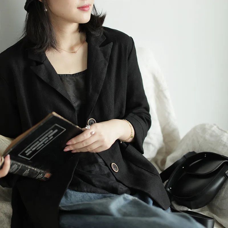 13767771.诗茉琳春秋新款文艺减龄棉麻西装领外套女士洋气休闲净色外搭小西服上衣