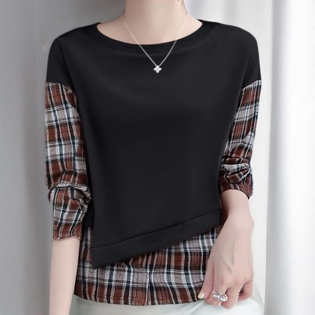 13767777.诗茉琳长袖T恤女春秋新款格纹拼接大码假两件上衣休闲打底小衫