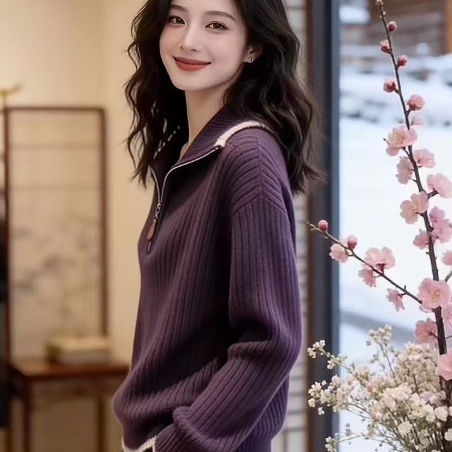 13850771.诗茉琳微胖MM紫色秋冬季休闲减龄2026拉链针织衫新款显瘦百搭上衣AW9191