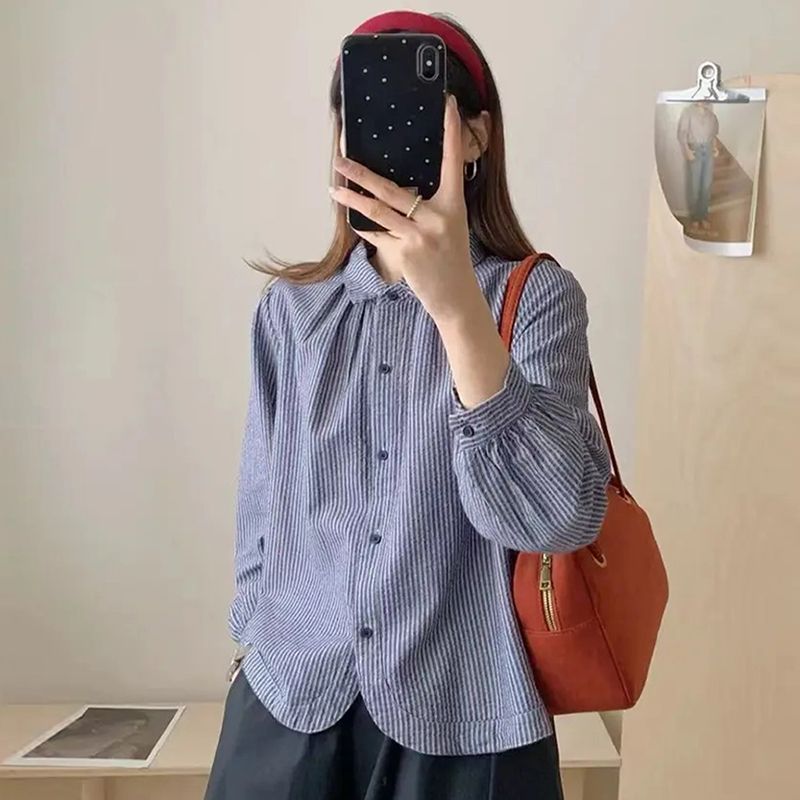 13850784.诗茉琳polo领条纹单排扣长袖衬衫女2026年春秋新款衬衣小个子气质小衫潮AW9188