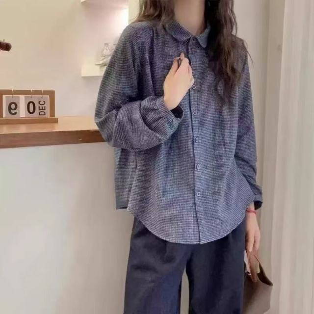 13850787.诗茉琳小格子长袖衬衫女士2026春秋新款文艺复古灯笼袖翻领开衫衬衣AW9155