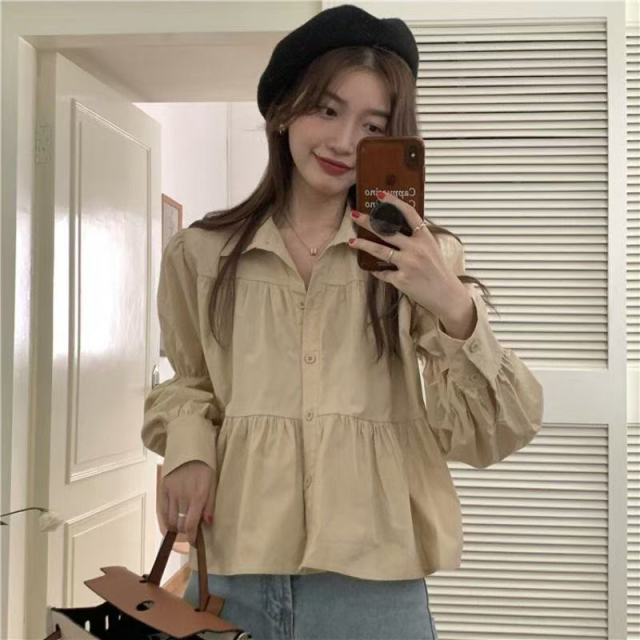 13804687.诗茉琳春秋季新款女装韩版复古气质设计感纯色小众长袖衬衫衬衫女上