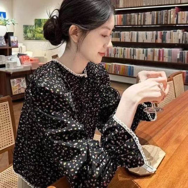13803834.诗茉琳宽松百搭显瘦碎花衬衫上衣女春秋新款衬衣女法式减龄洋气独特别致