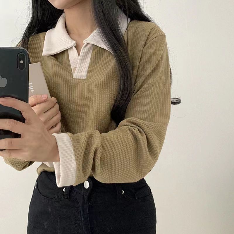 13804694.诗茉琳春秋季新款美式复古拼接polo领长袖T恤女修身百搭上衣ins针织衫