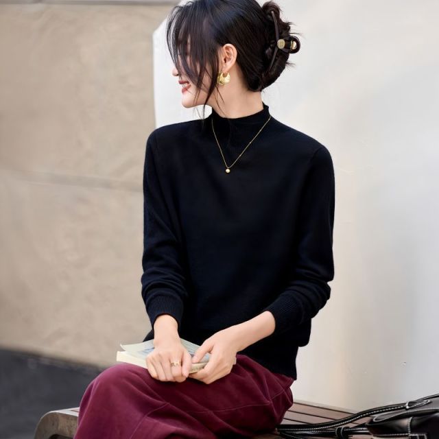 13804058.柔软亲肤黑色针织衫秋冬显瘦基础款百搭打底衫女新款毛衣