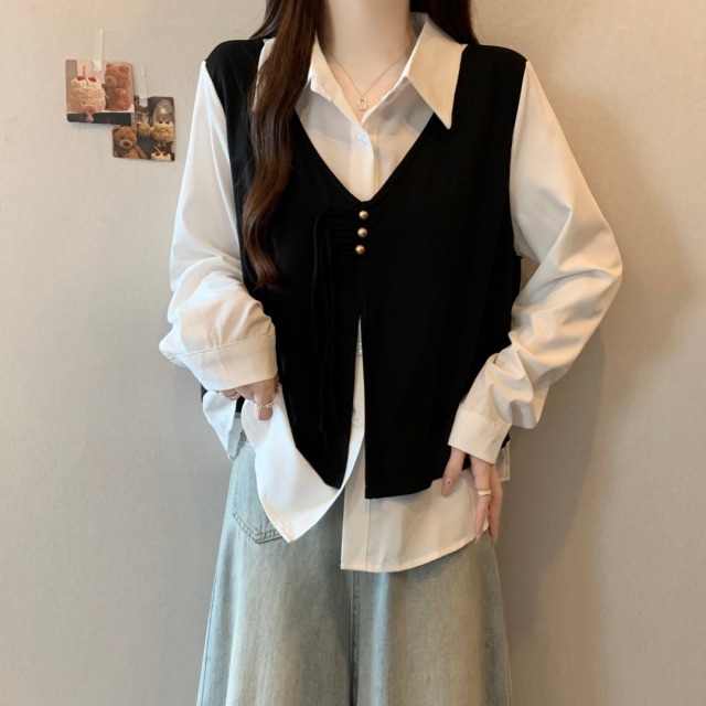 13804146.诗茉琳大码女装遮肚子假两件小香风马甲衬衫女秋季胖mm显瘦正肩长袖上衣