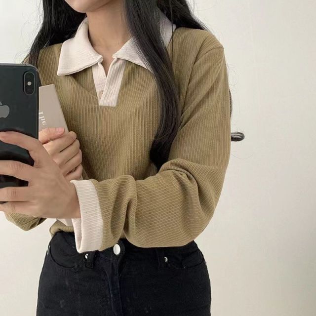 13804694.诗茉琳春秋季新款美式复古拼接polo领长袖T恤女修身百搭上衣ins针织衫