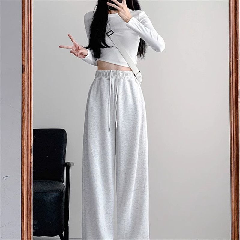 13803672.诗茉琳灰色运动裤女春秋新款高腰垂感直筒阔腿裤小个子休闲宽松卫裤