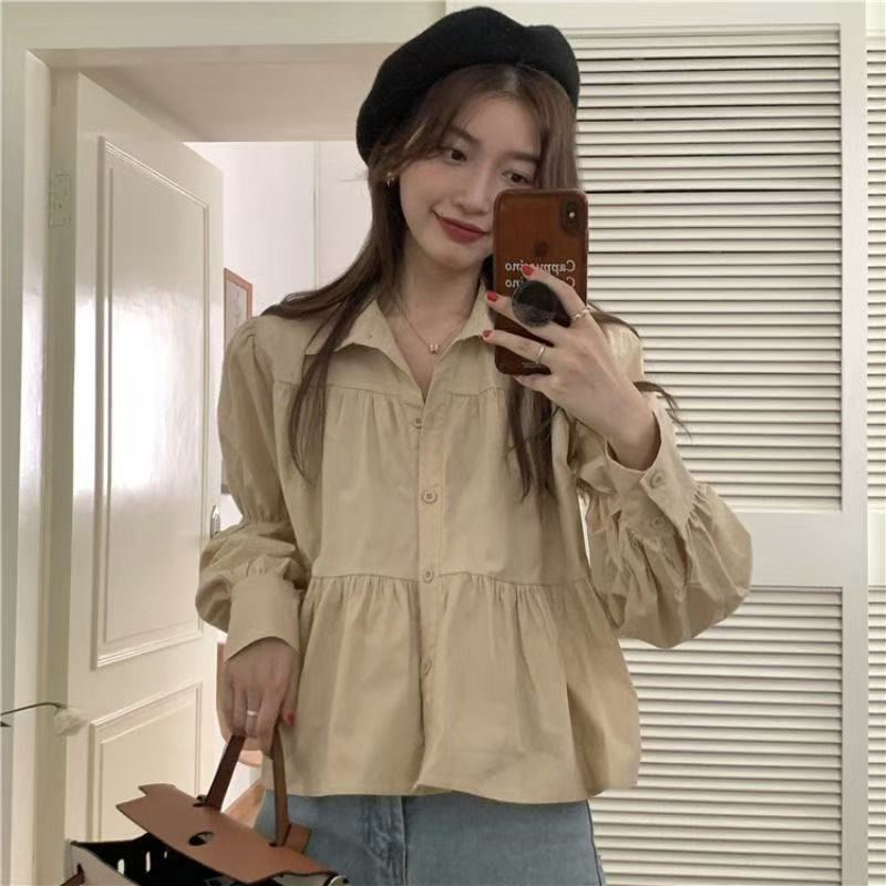 13804687.诗茉琳春秋季新款女装韩版复古气质设计感纯色小众长袖衬衫衬衫女上