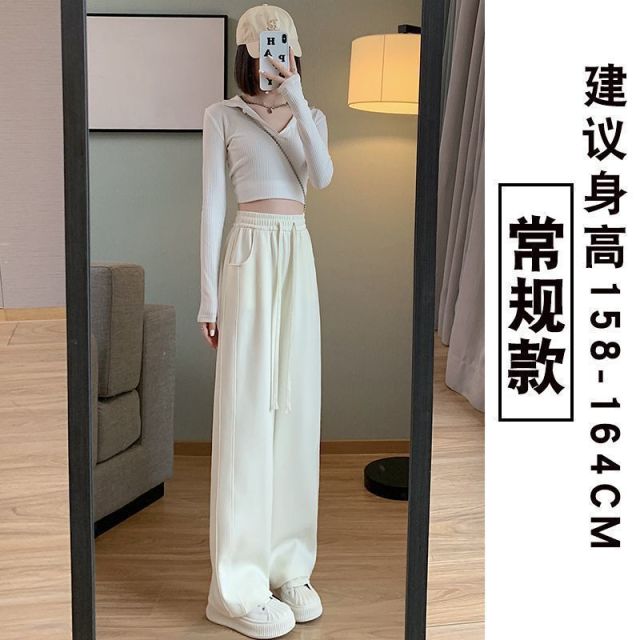 13810035.诗茉琳米白色裤子小个子运动裤子女秋季新款垂感直筒休闲卫阔腿香蕉裤