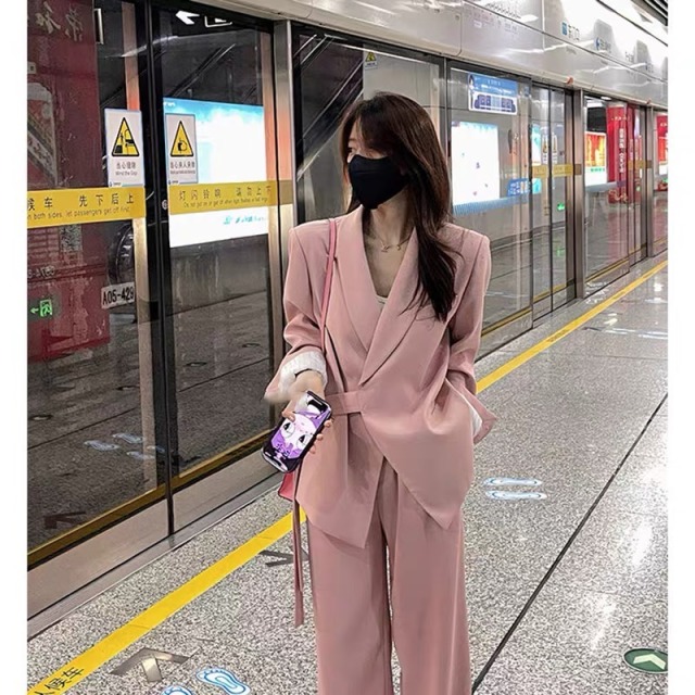 13807133.诗茉琳秋季新款腰带百搭气质休闲设计感西装套装韩版高腰直筒长裤两件套