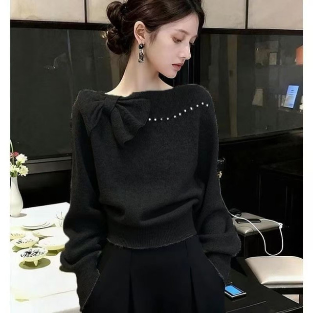 13850650.诗茉琳法式高级感蝴蝶结红色毛衣针织衫女时尚钉珠别致独特气质百搭上衣YJ2108