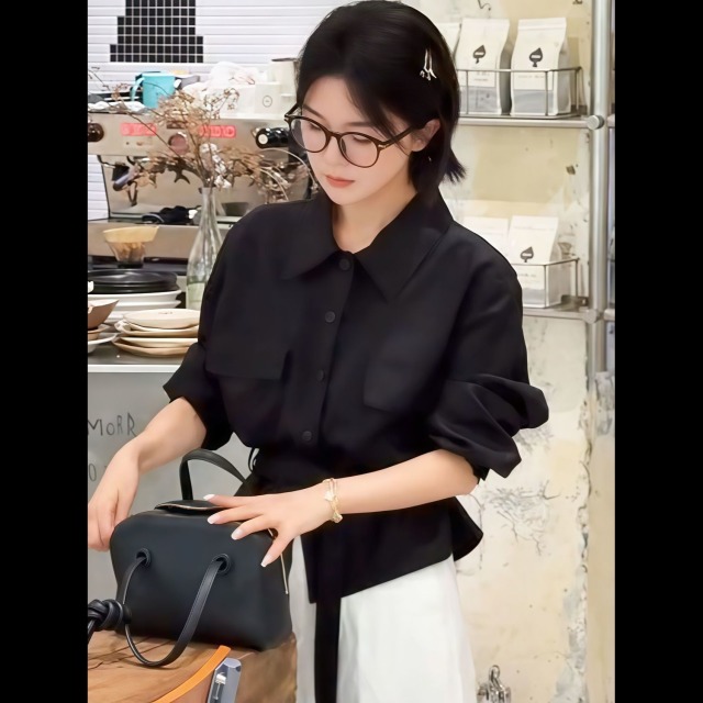 13850617.诗茉琳秋季新款韩版小众双口袋时尚腰带长袖衬衫女百搭气质减龄上衣YJ2111