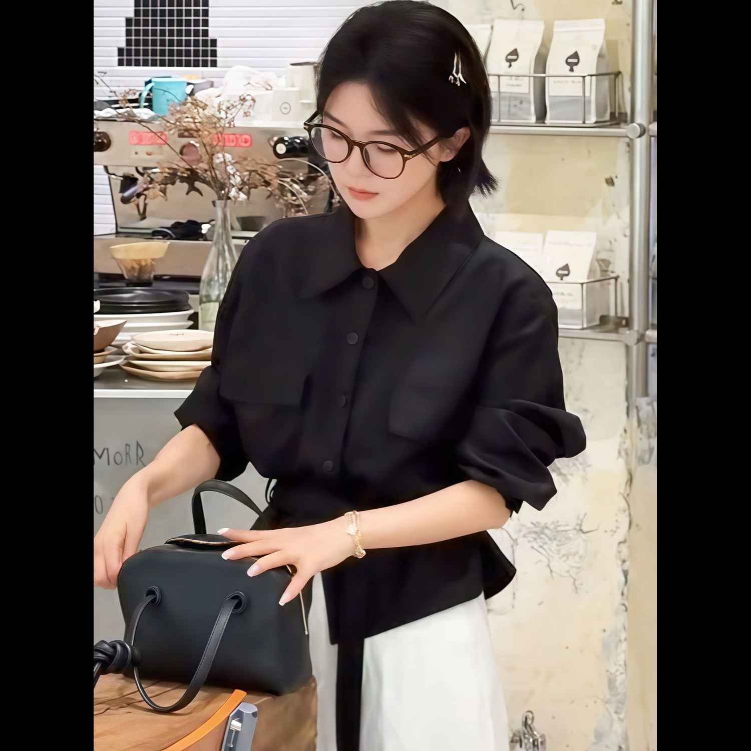 13850617.诗茉琳秋季新款韩版小众双口袋时尚腰带长袖衬衫女百搭气质减龄上衣YJ2111