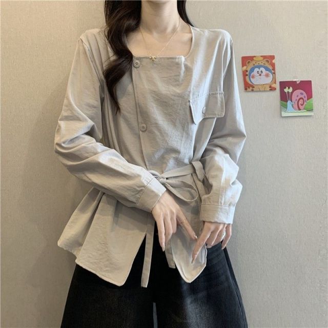 13850603.诗茉琳法式高级感长袖衬衫女秋季2026新款气质减龄收腰显瘦系带小衫上衣YJ2114