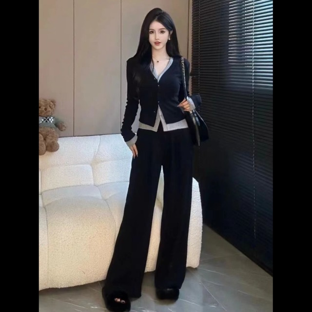 13841647.诗茉琳大码时尚搭配一整套女春秋新款胖MM假两件上衣阔腿裤两件套