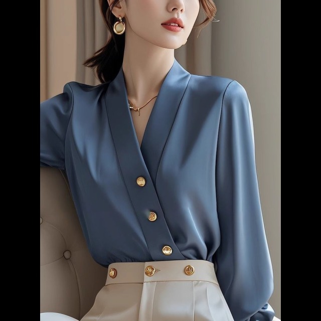 13841632.诗茉琳春秋新款设计感小众简约通勤遮肚衬衣+高腰显瘦米色阔腿裤两件套
