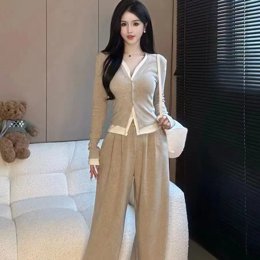 13841647.诗茉琳大码时尚搭配一整套女春秋新款胖MM假两件上衣阔腿裤两件套