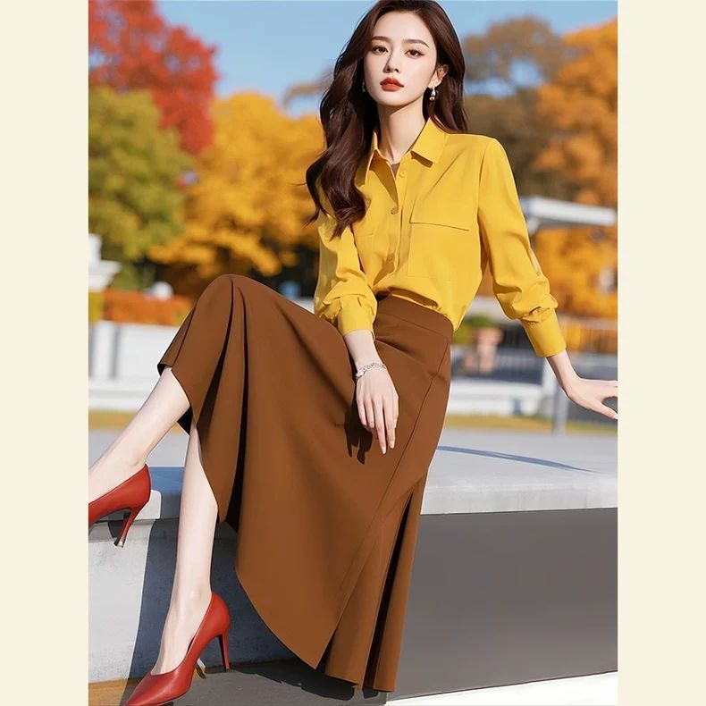 13841624.诗茉琳秋季穿搭一整套盐系炸街时尚高级感女人味小香风黄色衬衫职业套装