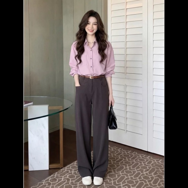 13841625.诗茉琳气质一整套ootd穿搭韩系小香风粉色衬衫裤子巨好看的两件套女秋季