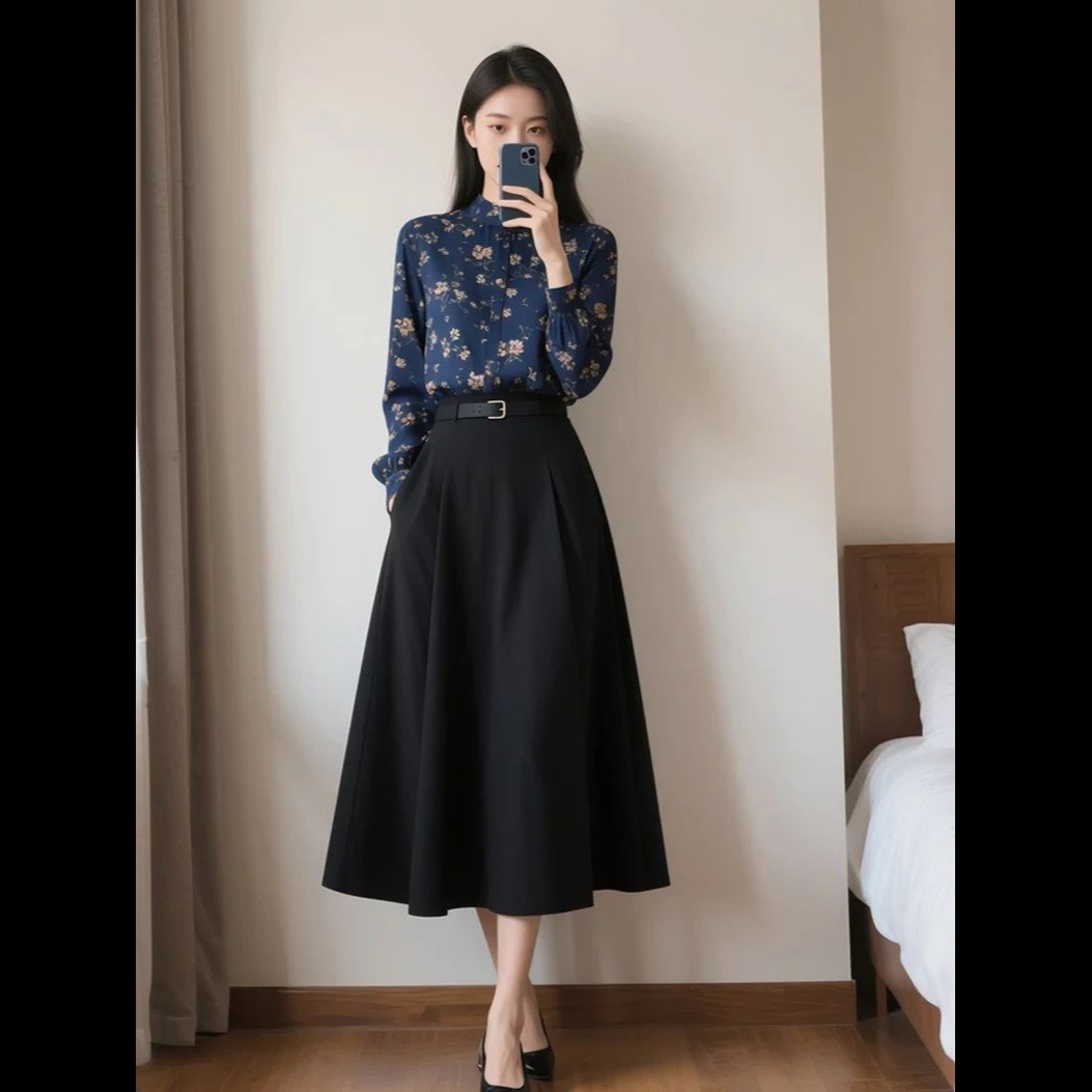 13841617.诗茉琳早秋季新款女装时尚穿搭法式复古高端衬衫两件套装半身裙子