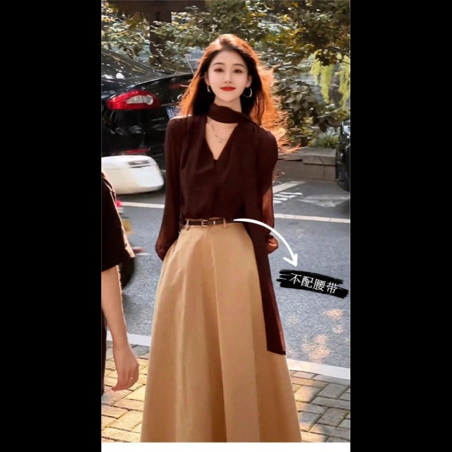 13841621.诗茉琳法式气质v领长袖连衣裙子女2025新款早秋韩系穿搭一整套长裙套装【不送腰带】