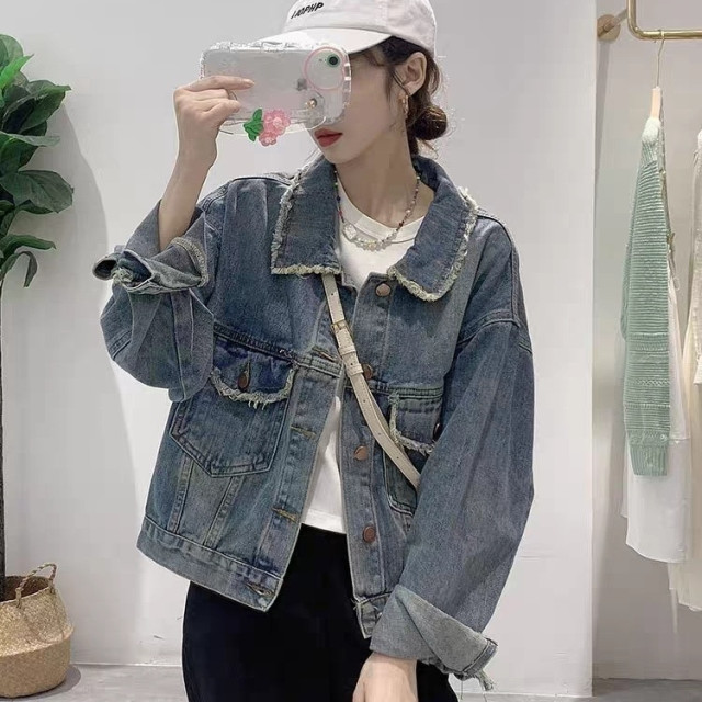 13848124.诗茉琳春秋小香风毛须边牛仔外套女设计感小众短款宽松休闲减龄夹克上衣