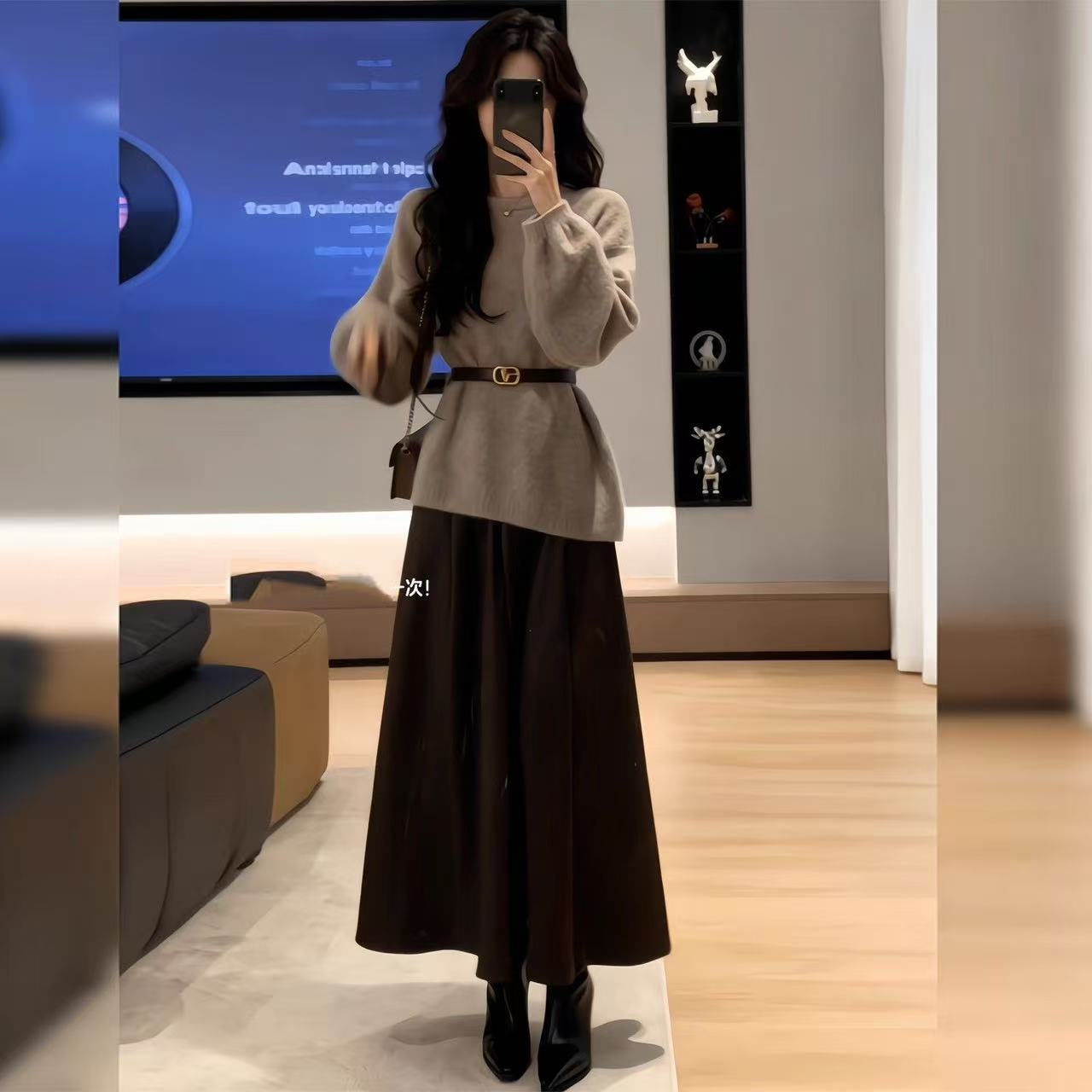 13848121.诗茉琳纯欲风辣妹套装女2026秋季新款长袖针织毛衣上衣高腰半身裙两件套