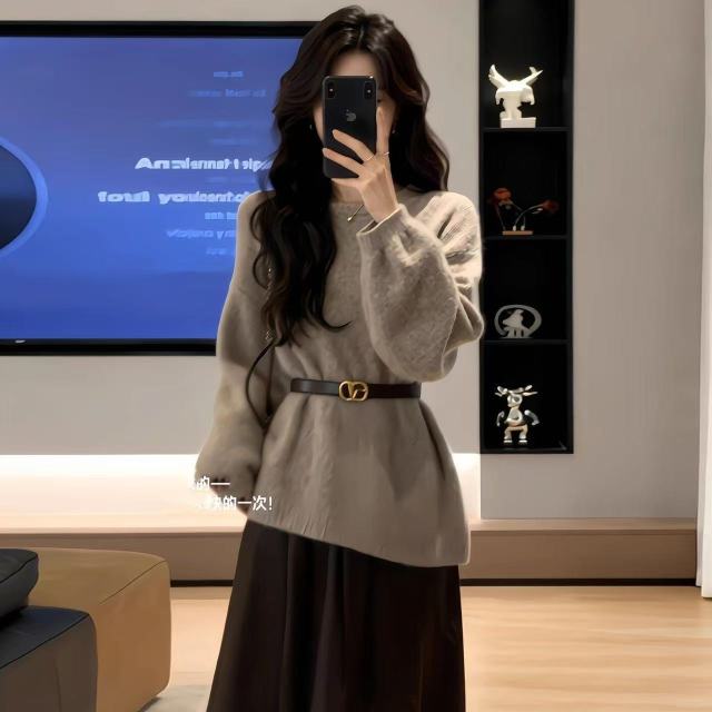 13848121.诗茉琳纯欲风辣妹套装女2026秋季新款长袖针织毛衣上衣高腰半身裙两件套