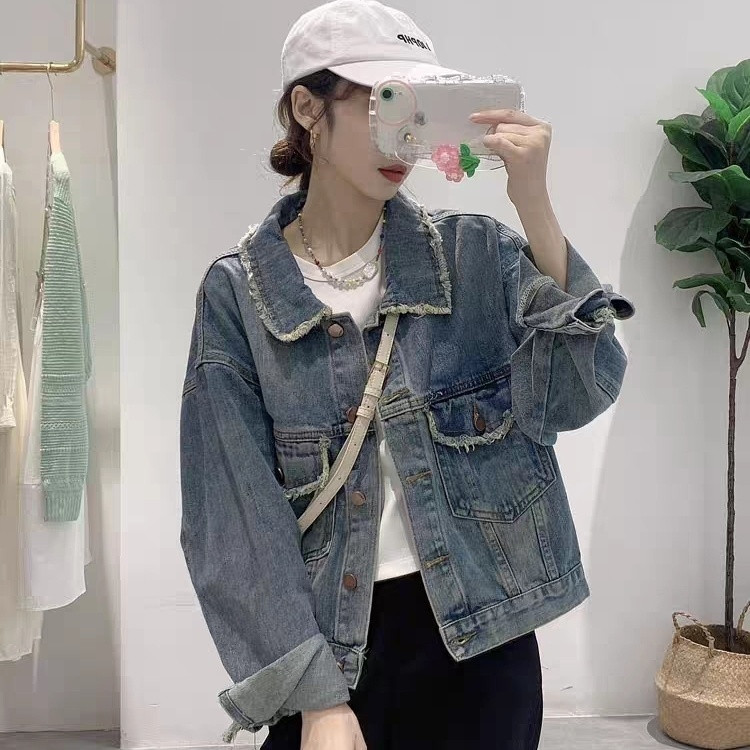 13848124.诗茉琳春秋小香风毛须边牛仔外套女设计感小众短款宽松休闲减龄夹克上衣