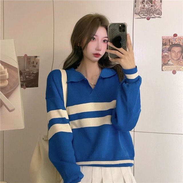 13848123.诗茉琳长袖春秋针织衫毛衣女装打底新款宽松显瘦polo条纹上衣