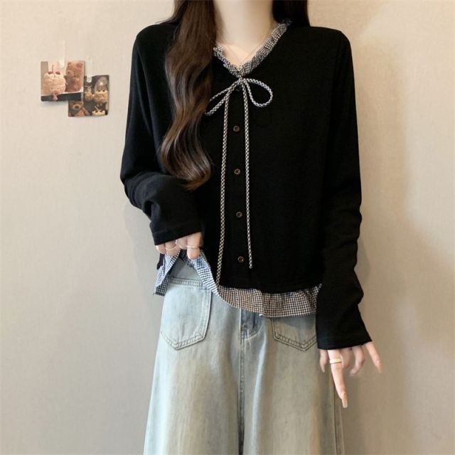 13848125.诗茉琳大码德绒木耳边V领假两件长袖衬衫女秋冬季新款胖mm显瘦遮肉上衣