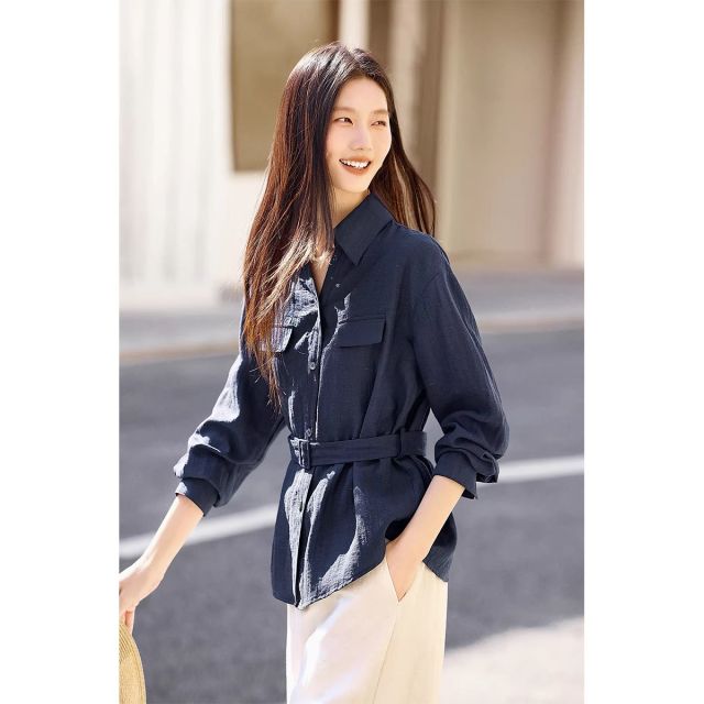 13848173.诗茉琳长袖衬衫女2026春季宽松收腰显瘦藏青色衬衣