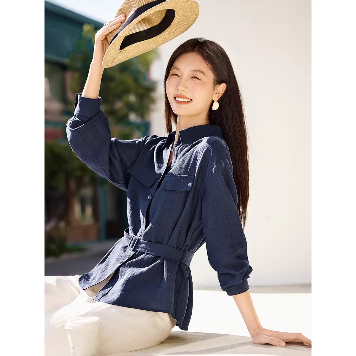 13848173.诗茉琳长袖衬衫女2026春季宽松收腰显瘦藏青色衬衣