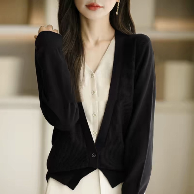 13848127.诗茉琳打底开衫新款针织假两件宽松毛衣外套上衣气质拼色洋气针织衫上衣