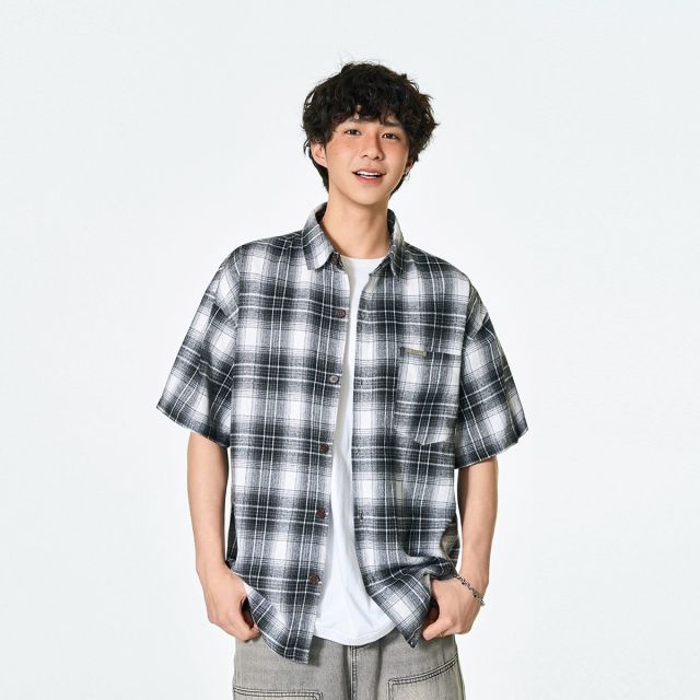 13738412.i.t izzue格子衬衫男女款夏季美式潮流休闲薄款短袖衬衣1M