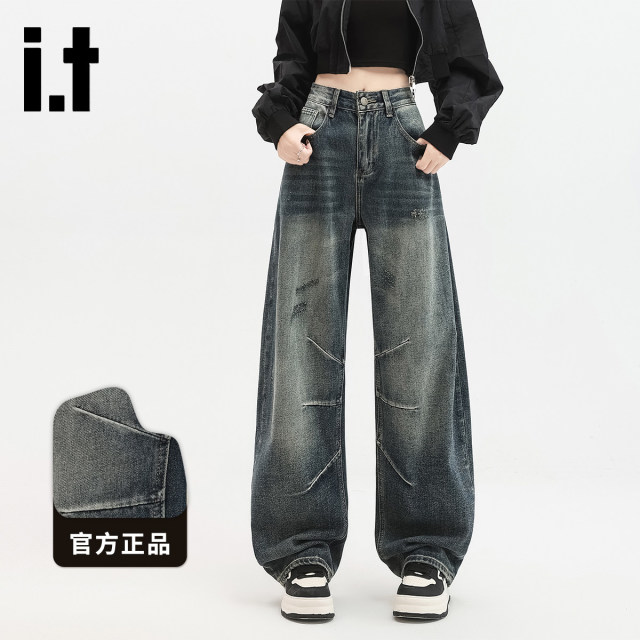 13752660.i.t izzue宽松复古牛仔裤女新款百搭直筒阔腿显瘦托地垂感长裤1M