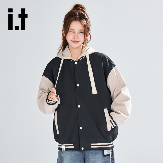13794396.i.t izzue假两件连帽棒球服外套女秋冬宽松休闲百搭夹克1M