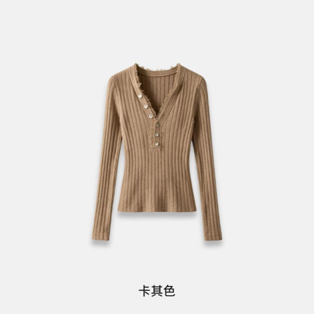 13840964.【雅薇吉】精仿羊毛睫毛蕾丝边系扣长袖T恤LH-XZ306