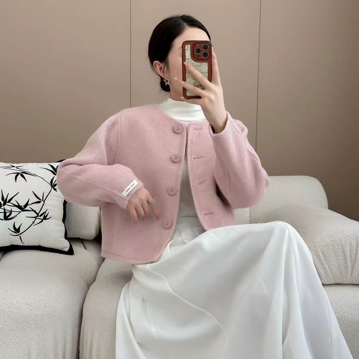 13843690.【雅薇吉】短款外套圆领单排扣宽松气质羊毛大衣BMX2513