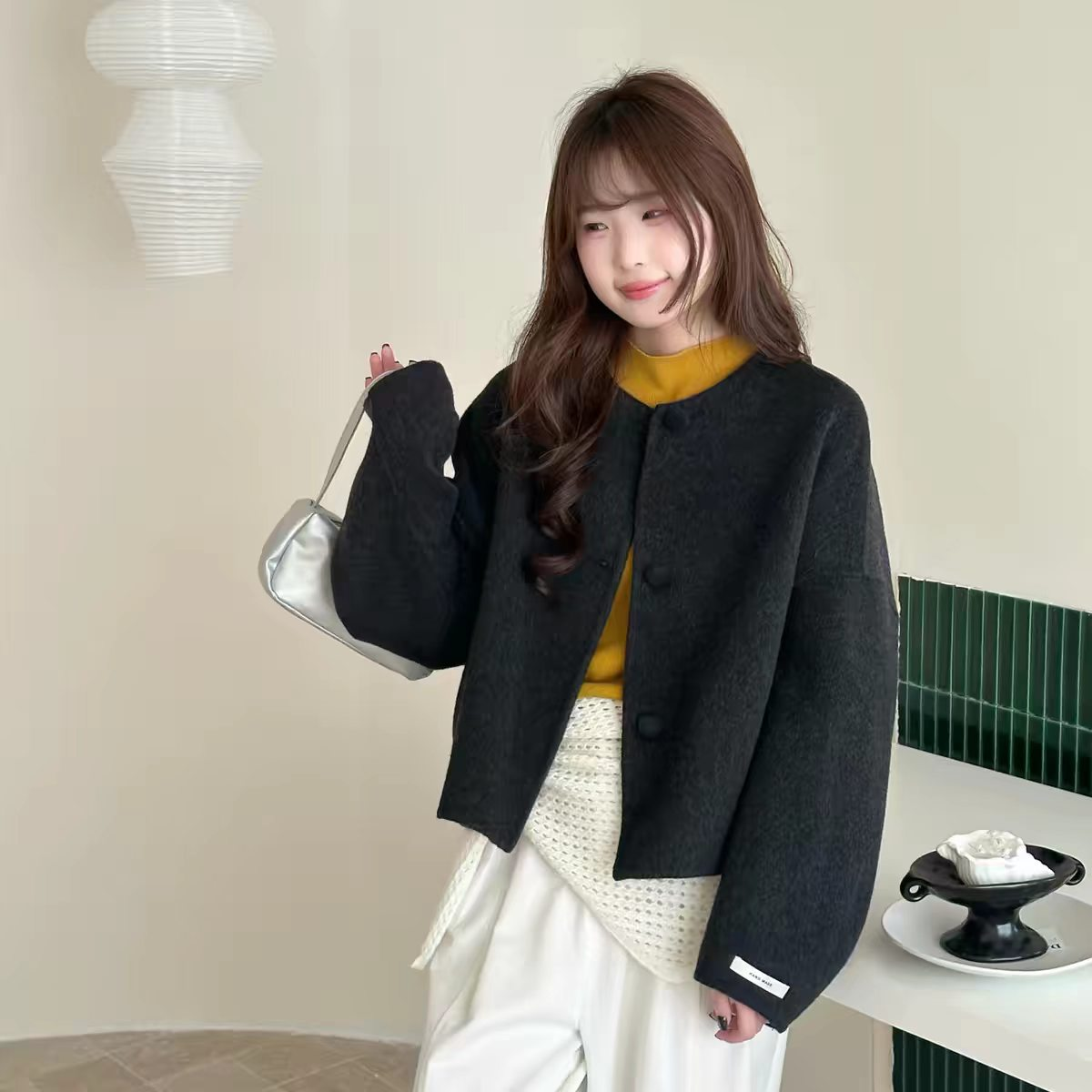 13843861.【雅薇吉】气质通勤小香风短款外套圆领单排扣双面羊毛大衣BQY2609