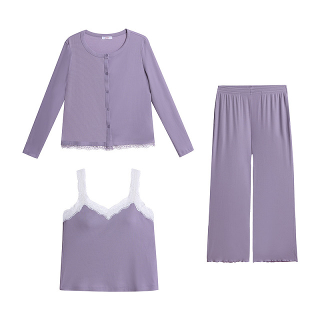 13843797.爱慕蕾丝贴贴睡衣女春夏带胸垫背心长裤开衫家居服三件套AM46D771