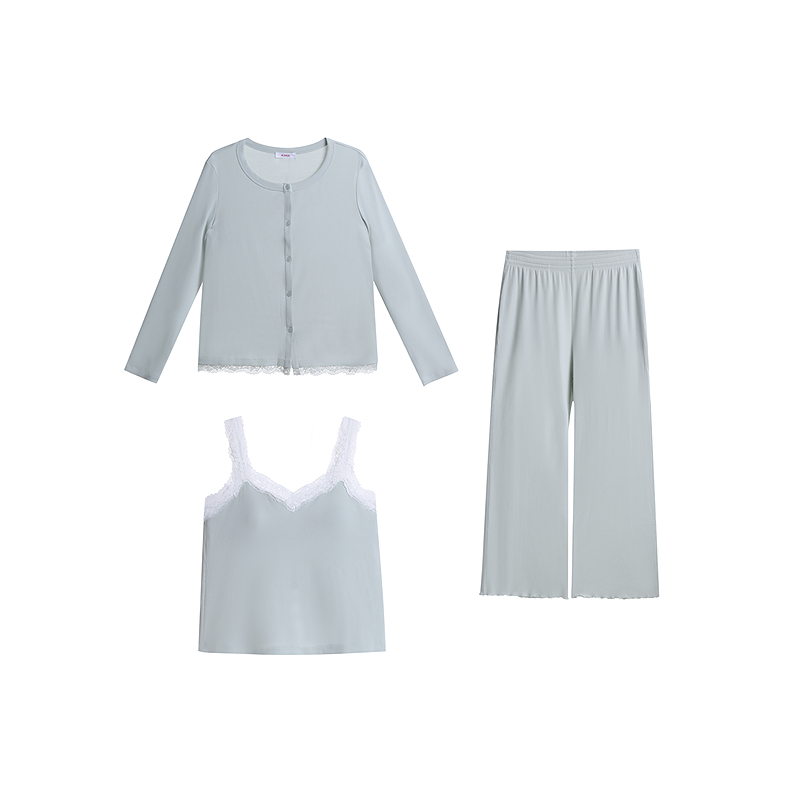 13843797.爱慕蕾丝贴贴睡衣女春夏带胸垫背心长裤开衫家居服三件套AM46D771